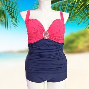 Plus 1Pc Ruched Front Swimsuit Women Size 14 Navy Blue Swimwear with Front Jewel